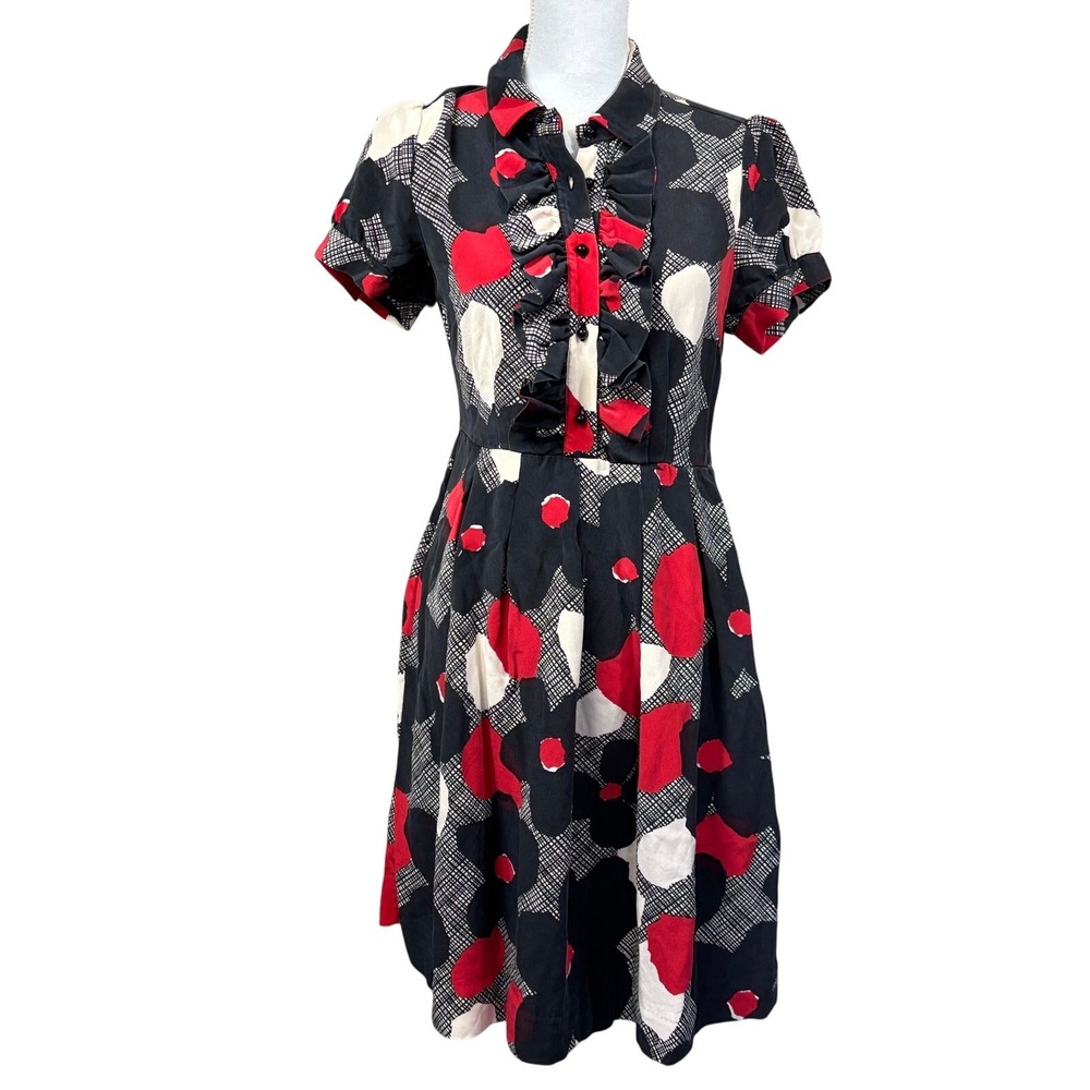Kate Spade Silk Shirtdress Red Black White Size 4 Retro, mod revival, ladylike